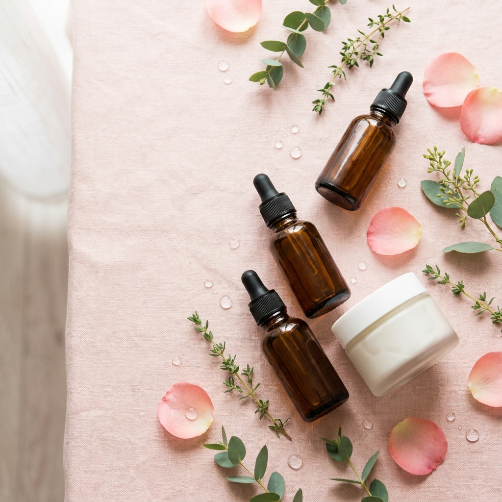Face Care collection - botanical serums and cream with rose petals and dew