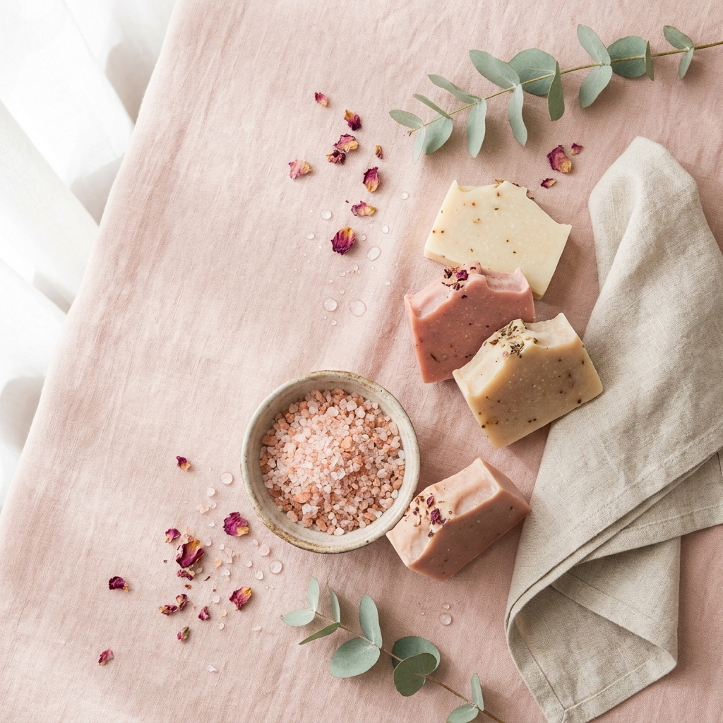 Bath & Body collection - handcrafted soap bars and mineral bath salts with rose petals