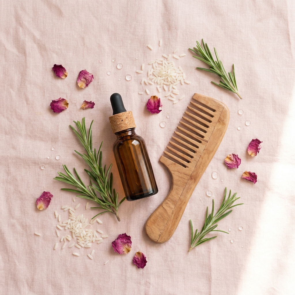 Hair and Scalp Care collection - hair oil and wooden comb with rosemary